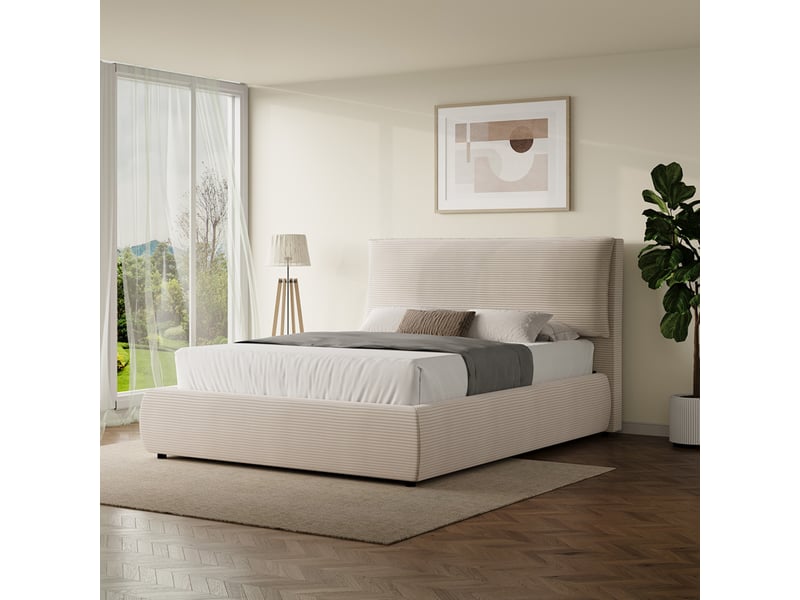  Lit avec coffre de rangement 140x190cm en velours côtelé beige fresno  - Conforama B