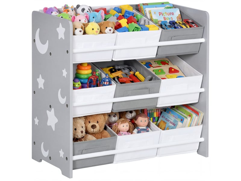  Armoire à jouets avec 9 paniers amovibles en mdf et tissu, 63 x 30 x 60 cm, gris et blanc  - Conforama A