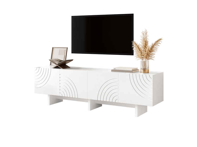  Meuble tv 170x35x50 cm - meuble bas avec 4 portes, façades en relief à motif géométrique arqué, séparation centrale et rangements - blanc  - Conforama A