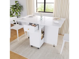 Table de salle à manger pour 2 à 4 personnes avec 2 tiroirs et rangement ouvert, rabattable, blanc, 120 × 75 × 75 cm