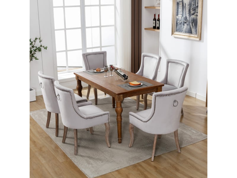 Lot de 6 chaises de salle à manger velours gris capitonné, clous décoratifs, pieds en bois massif, style chic moderne  - Conforama W