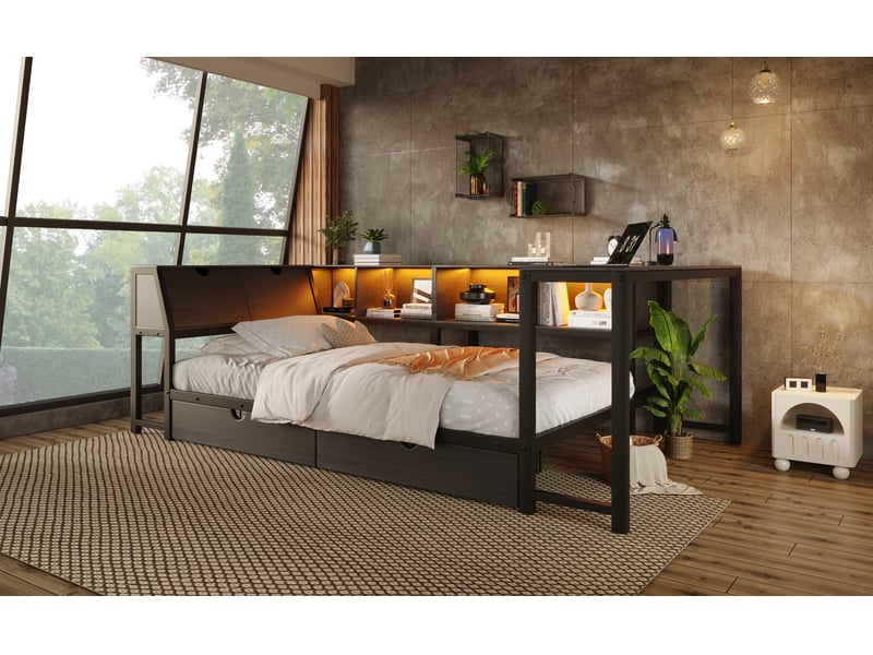  Lit enfant 90 x 200 cm, cadre de lit avec rangement, tiroirs de rangement, bureau intégré, éclairage led, 1 place, métal, noir Morn Vibe - Conforama E