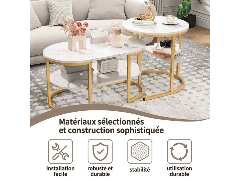  Lot de 2 tables basses gigognes à 2 niveaux – table d'appoint effet marbre blanc et pieds en métal doré– ovale 80x46 cm et ronde ø52 cm  - Conforama D