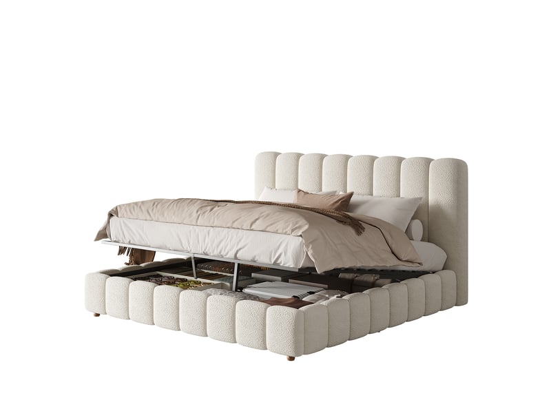  Lit double rembourré 160 x 200 cm avec coffre hydraulique, tête de lit capitonnée et pieds en bois massif, bouclé blanc  - Conforama A