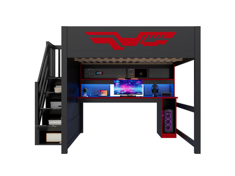 Lit mezzanine gaming 140x200 cm bureau usb led, 7 couleurs, escalier rangement, mdf et contreplaqué, noir rouge sans matelas - Conforama A