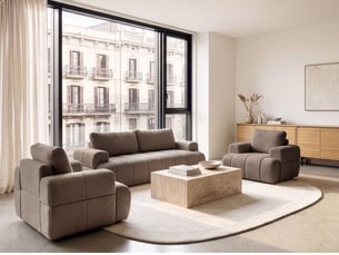Canapé droit fixe 5 places Tissu beige avec coffre de rangement