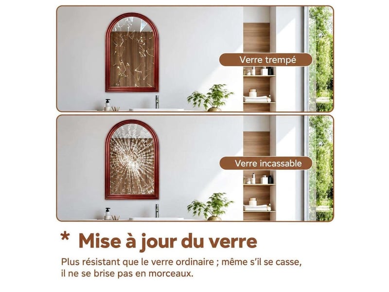  Miroir de salle de bain arqué 50x80 cm verre trempé anti-éclats – rouge  - Conforama B