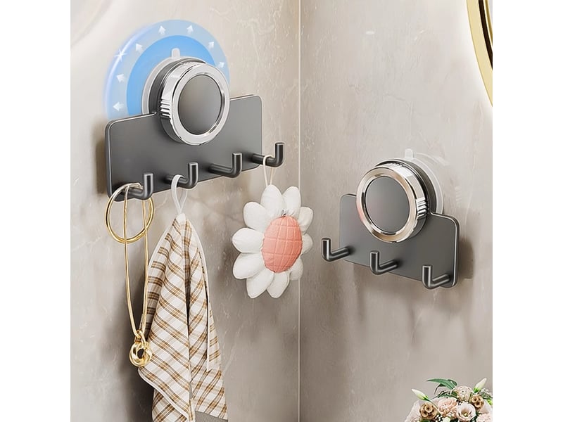  Crochet de salle de bain gris a ventouse acier au carbone sans percage pret a lemploi 4 crochets fixation instantanee  - Conforama E