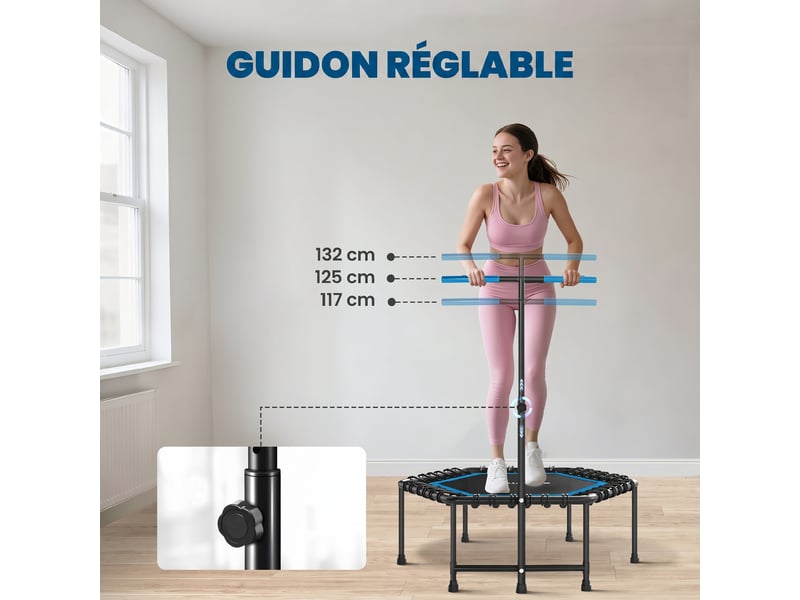 Trampoline de fitness 114 cm, cordes élastiques, poignée réglable 3 positions, trampoline d'exercice silencieux, bleu - Conforama D