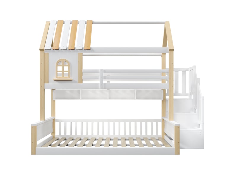  Lit superposé maison blanc et naturel 90/140x200 cm, led, fenêtres et rangements  - Conforama A