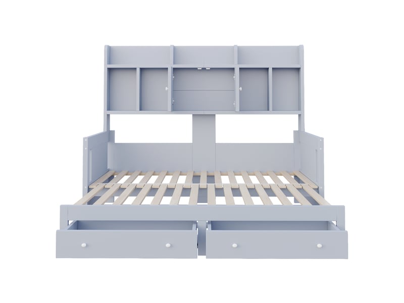  Lit gigogne 90x190-180x190 cm, tiroirs rangement, lit banquette, lit enfant, prise usb, led, bois, gris, sans matelas  - Conforama E