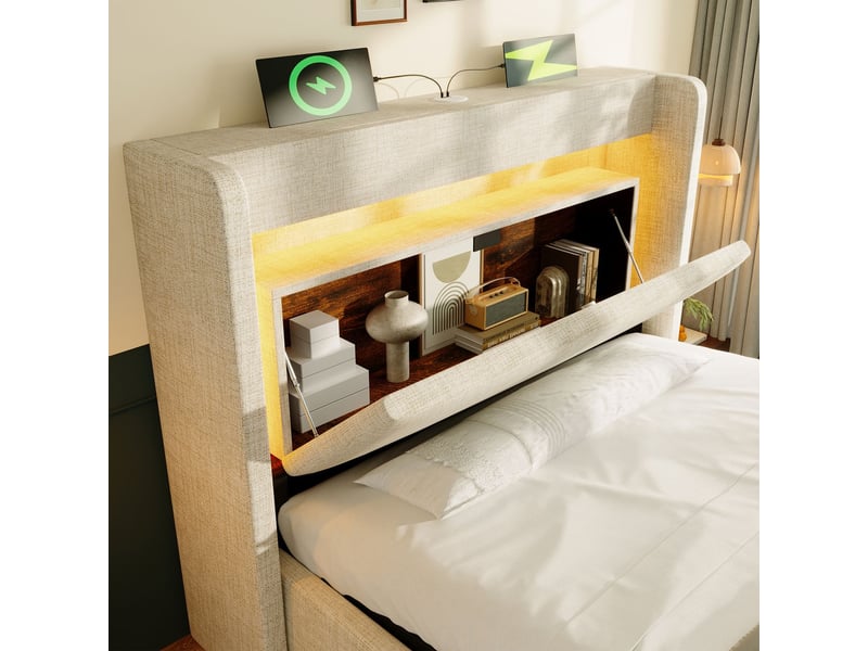  Lit coffre 90x200 cm avec led et usbtype-c - lit rembourré - tissu lin beige, tête de lit rangement, 1 tiroir  - Conforama D