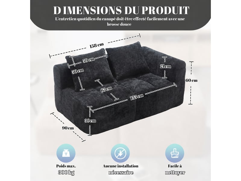 Canapé 2 places noir en chenille douce, assise profonde, coussins et poches latérales, largeur 158 cm - Conforama D