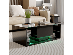 Table basse noir avec éclairage led, espace de rangement et étagères ouvertes, 100 x 50 x 35 cm.