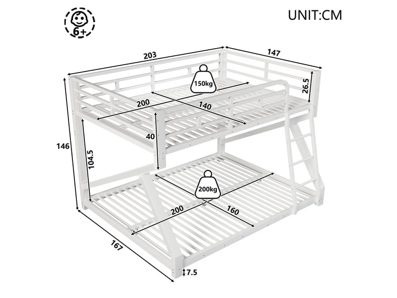  Lit superposé 2 couchages 140x200 et 160x200 cm blanc en métal, led intégrée, garde-corps supérieur, échelle, hauteur 146 cm et charge 150 kg  - Conforama E