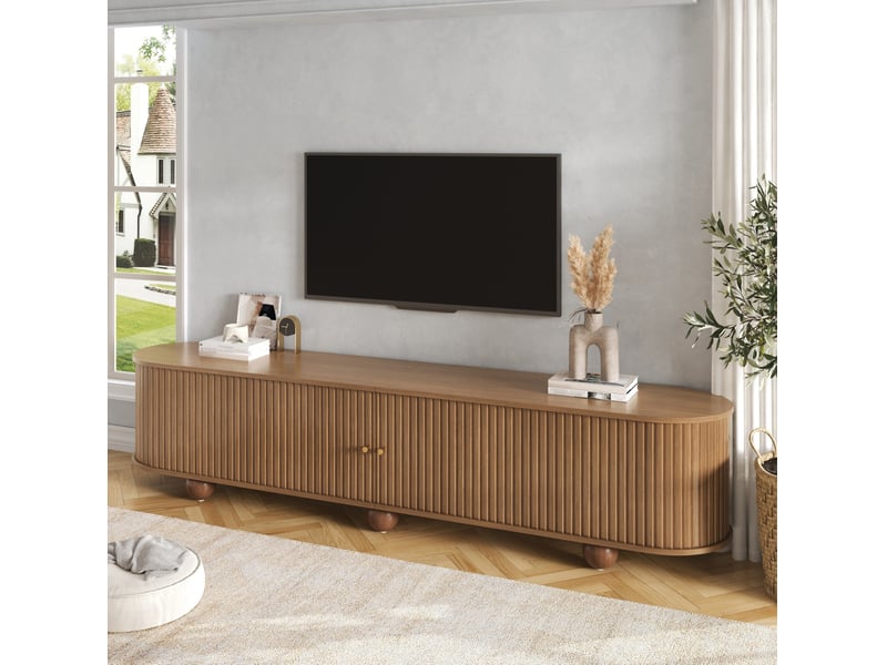  Meuble tv rétro avec 2 portes coulissantes, étagère, passe-câbles et pieds boule métalliques pour salon en mdf marron  - Conforama D