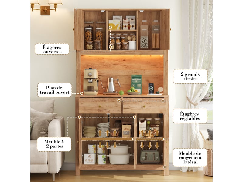  Meuble de cuisine muvano, buffet haut avec 5 portes et 2 tiroirs, éclairage led et prises intégrées  - Conforama R