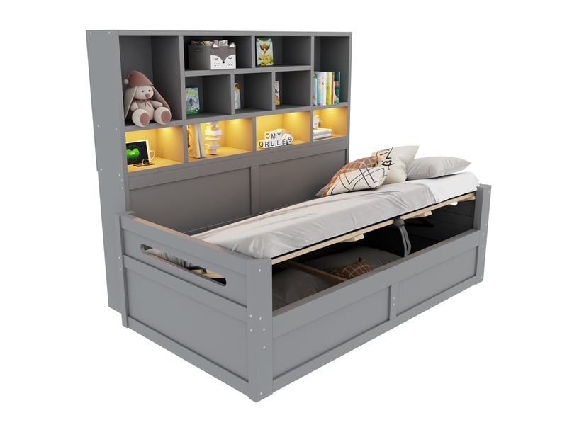 Lit simple 90 × 200 cm avec coffre relevable hydraulique, tête de lit à niches, éclairage led et prises, gris - Conforama A