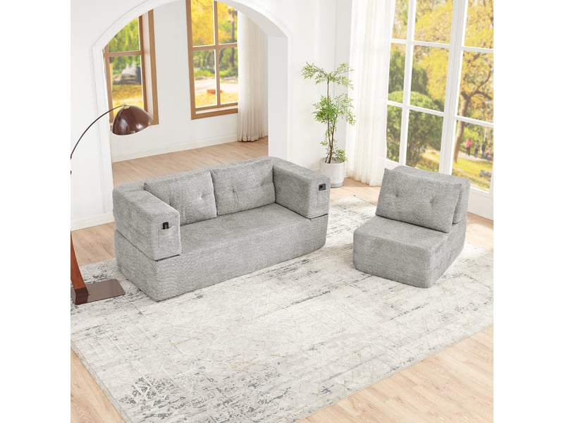  Canapé modulaire convertible avec assise en mousse mémoire et poches latérales en tissu gris clair  - Conforama B