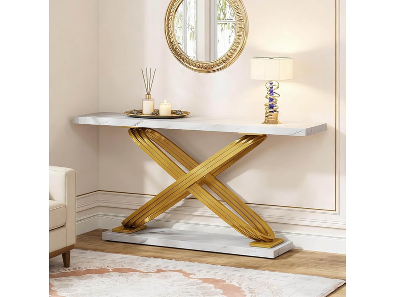  Table console 140 x 35 x 80 cm en métal doré et marbre artificiel blanc  - Conforama E