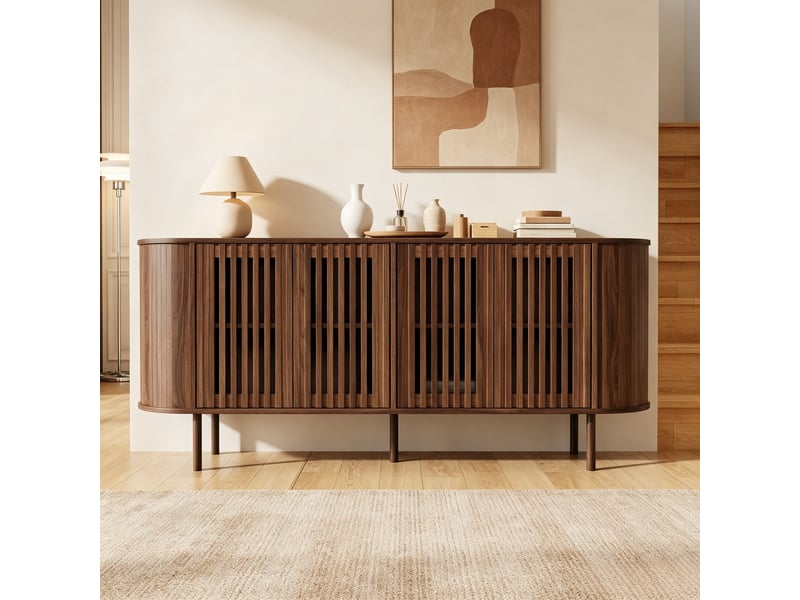  Buffet avec 4 portes coulissantes et étagères réglables en mdf 160×40×70 cm noyer  - Conforama B