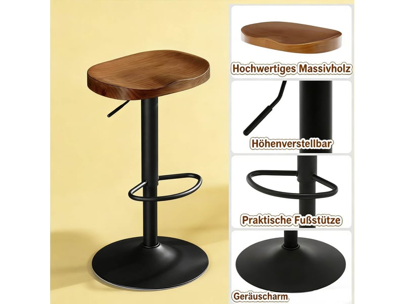  Tabouret de bar 66-90x33x38 cm pivotant, hauteur réglable, chaise haute de bar, structure bois et métal, couleur marron  - Conforama E
