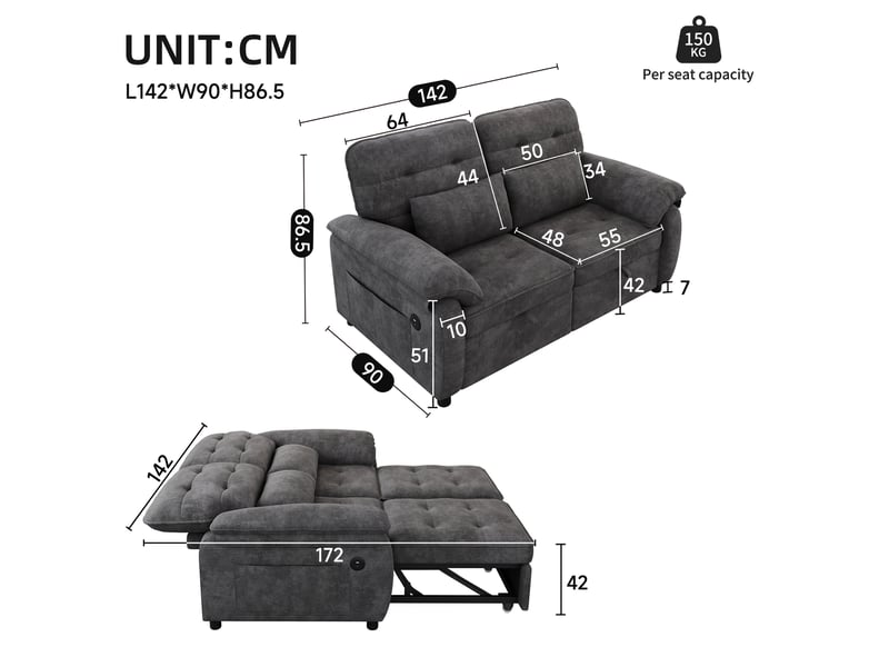  Canapé convertible 2 places 3-en-1 142 x 90 x 86,5 cm, dossier réglable, couchage 142 x 172 cm, usbtype-c, chenille - gris  - Conforama D