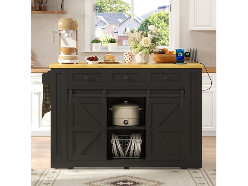  Îlot de cuisine mobile 130x50(80)x87 cm avec plateau rabattable noir et naturel  - Conforama E