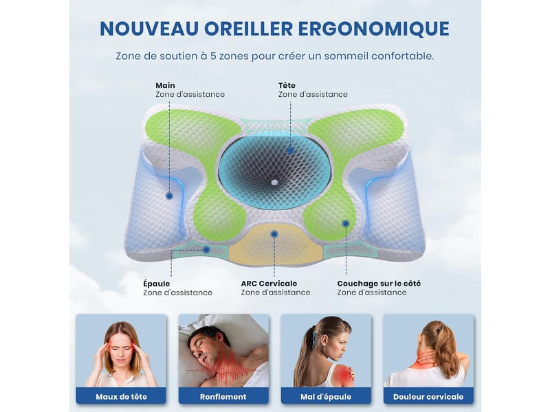 Oreiller ergonomique cervical, oreiller memoire forme, 60 x 34 x 1013cm,cervicales pour les dormeurs sur le côté, le dos et le ventre - Conforama R