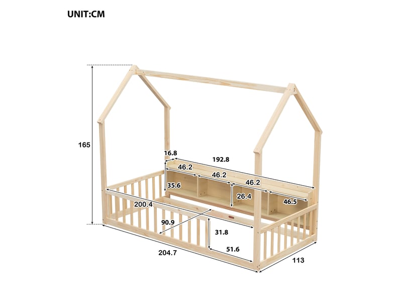  Lit cabane enfant 90x200 cm avec étagères et barrières de sécurité naturel, sans matelas  - Conforama C