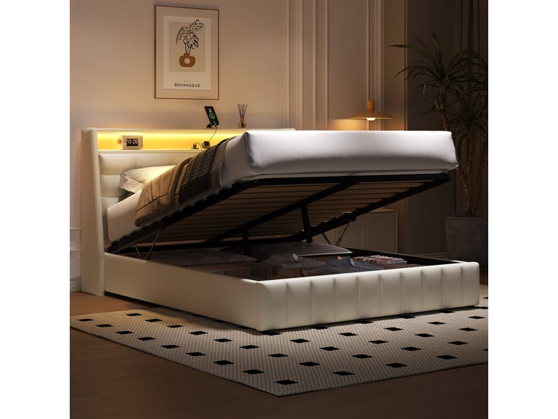  Lit plateforme rembourré 160x200 cm avec led, usb, rangement sous le lit et coussins réglables, blanc  - Conforama D