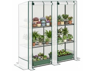 Serre de jardin avec 2 portes enroulables, étagère à 3 niveaux et poches latérales, blanche et verte