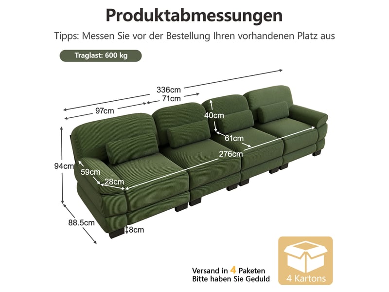  Canapé modulaire 4 places 336x88,5x94 cm, structure solide, fixations, coussins de soutien, velours côtelé, vert  - Conforama B