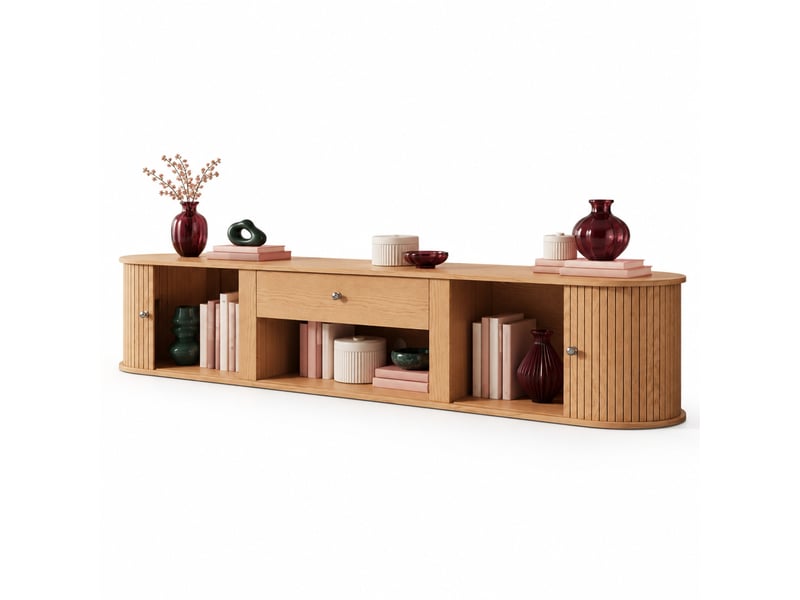  Meuble tv bas 180 x 40 x 40 cm, 2 portes à rideau, tiroir, coloris bois  - Conforama A