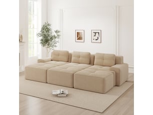 Canapé d'angle 3 places, avec couchage d'appoint, avec pouf, en velours côtelé, coloris beige, l293 x p177 x h69 cm, pour salon