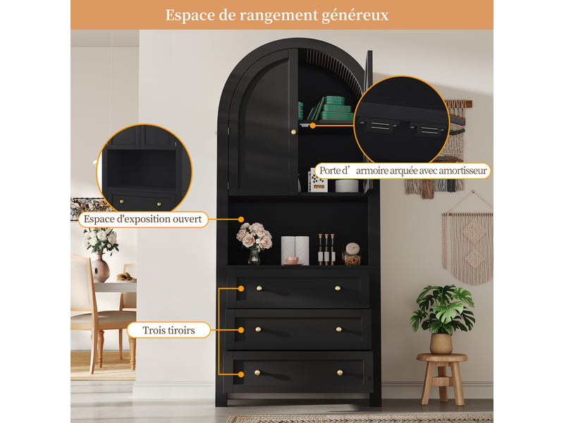  Meuble de cuisine muvano noir, buffet haut à sommet arrondi, 3 tiroirs, 70 × 35 × 180 cm  - Conforama R
