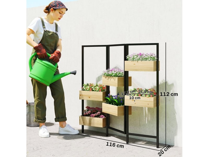 Jardinière avec paravent 116x20x112 cm – bois naturel et noir – 6 bacs pliables à drainage efficace - Conforama C
