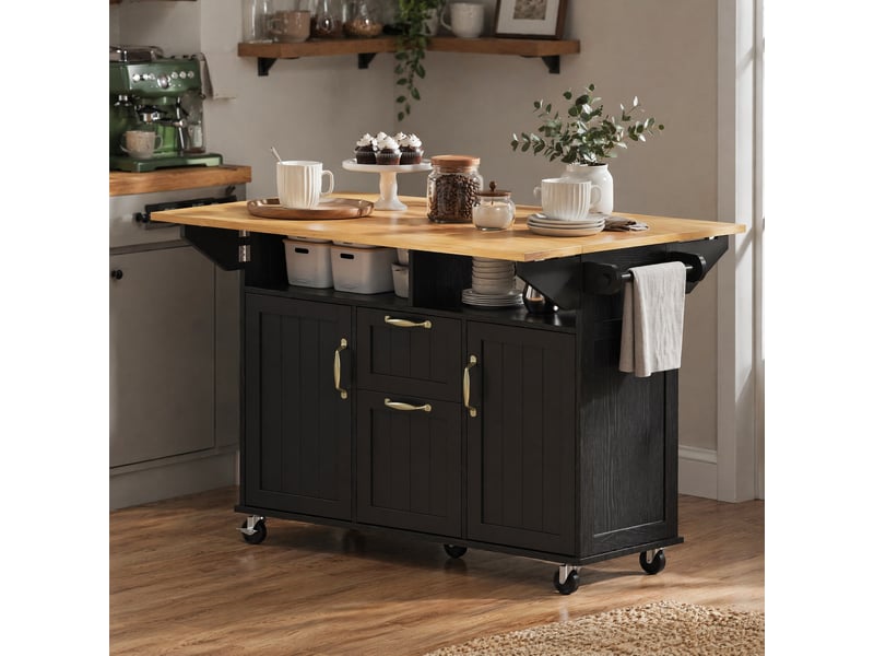  Desserte de cuisine à roulettes avec 2 portes, 2 tiroirs, plateau rabattable et prises pour cuisine, 120×40-80×92 cm  - Conforama B