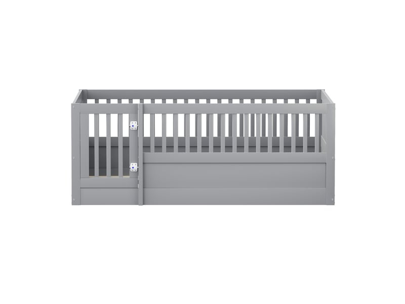  Lit enfant 140 × 200 cm avec barrière de 60 cm et porte, sans matelas, en bois massif, gris  - Conforama E