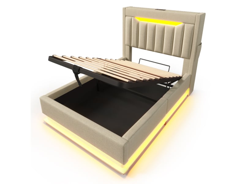 Lit coffre 90x200 cm, lit enfant avec tête de lit de rangement, prise usb et led, tissu en lin beige, sans matelas - Conforama E
