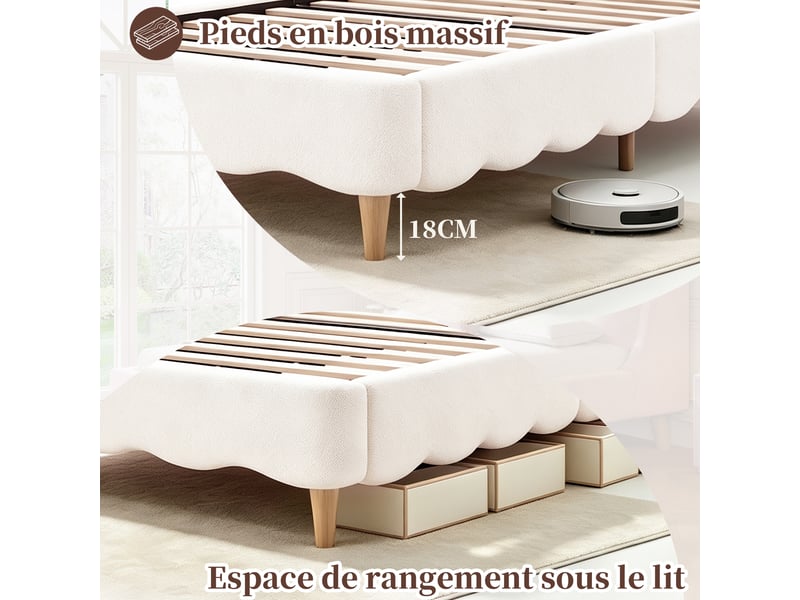 Lit simple enfant 90x200cm avec tête de lit rembourrée, pieds en bois massif, tissu bouclé blanc evarich - Conforama D