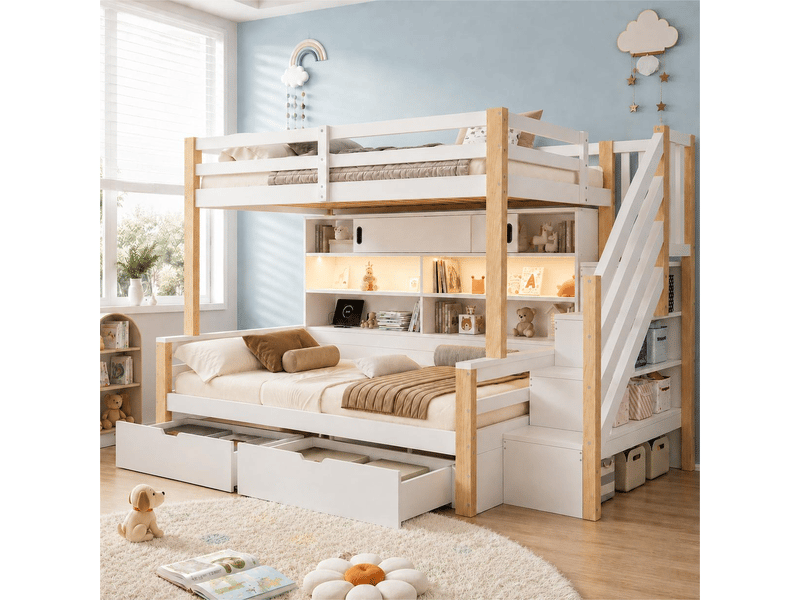  Lit superposé enfant 2 places 90×200 cm et 90×200 cm, led, usb, type-c et rangements - okmyhome- blanc, sans matelas  - Conforama C