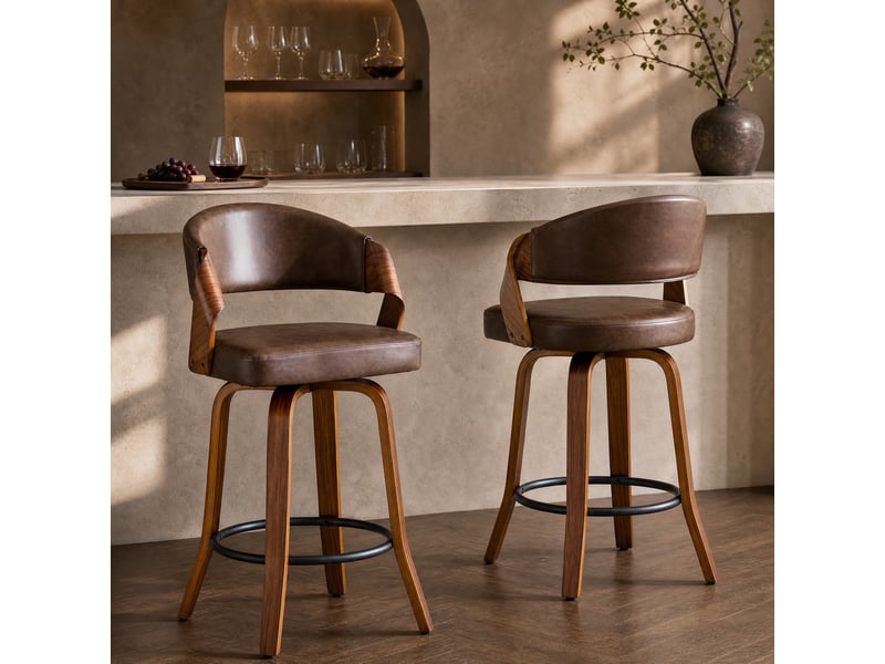  Lot de 2 tabourets de bar 51x42x95 cm, chaise de bar, tabouret haut, dossier rétro, structure bois, assise pu, marron  - Conforama B