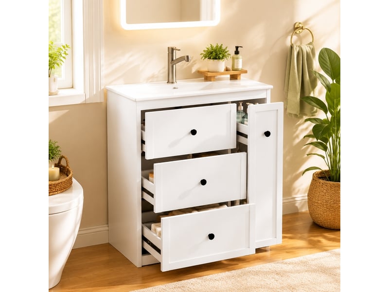 Meuble salle de bain sur pied 76 cm avec vasque en céramique intégrée, meuble vasque blanc laqué, 4 tiroirs - Conforama D