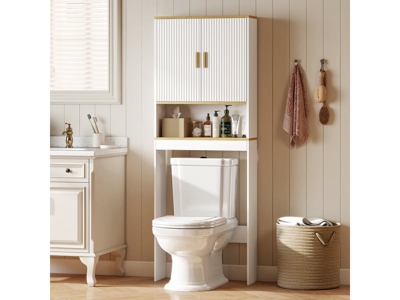  Étagère de salle de bain à 3 niveaux à poser au-dessus des toilettes, avec étagère ouverte, 2 portes et étagère réglable, 64 x 20 x 170,5 cm, blanche  - Conforama C