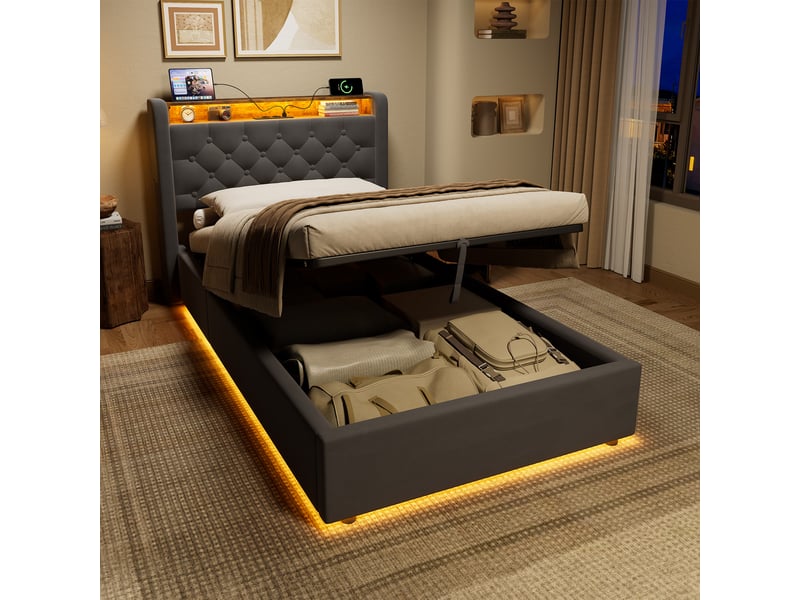  Lit coffre simple 90x200 cm avec led et usb-c, en velours gris  - Conforama B