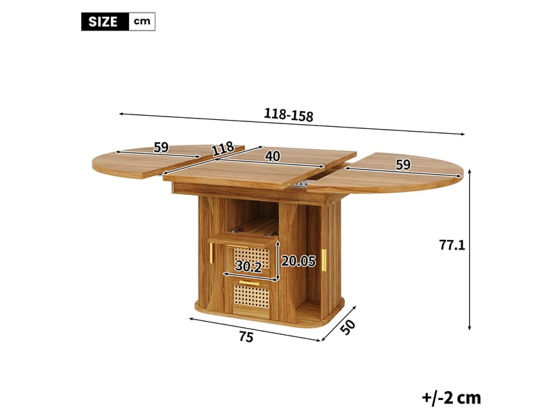  Ensemble table à manger extensible 118-158 cm + 6 chaises en bois massif, dossier rotin, mdf aspect bois, tiroirs en rotin, assise lin  - Conforama C