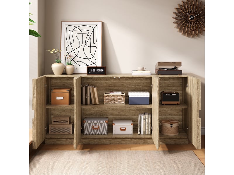  Buffet 160 cm avec 4 portes, rangements compartimentés et ouverture assistée par ressort, panneau de particules, effet bois naturel Fay Lum - Conforama D