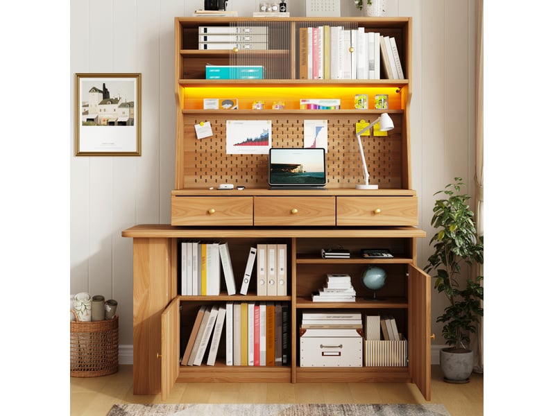  Buffet haut avec bureau et led pilotée par application, 137 x 74 x 177,7 cm, naturel  - Conforama E