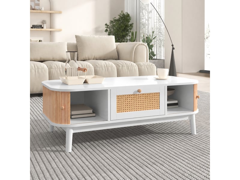  Table basse blanche et bois avec tiroir en rotin et portes coulissantes, 110 x 55 x 38,5 cm  - Conforama E